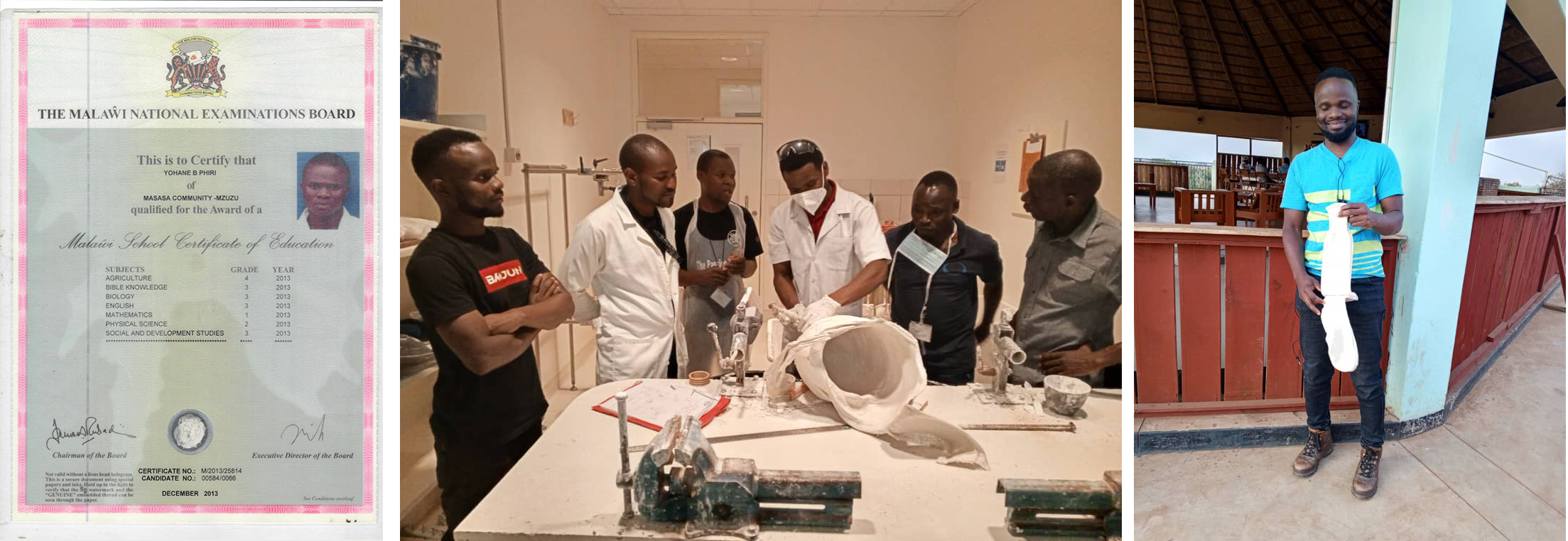 A composite image of Yohane's MSCE certificate, Yohane learning in a clinic and Yohane outside