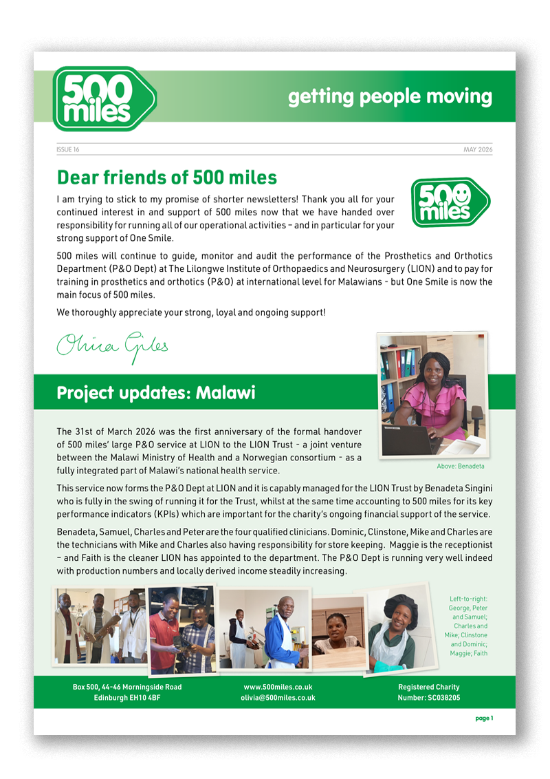 The cover of the 500 miles newsletter, May 2026 issue